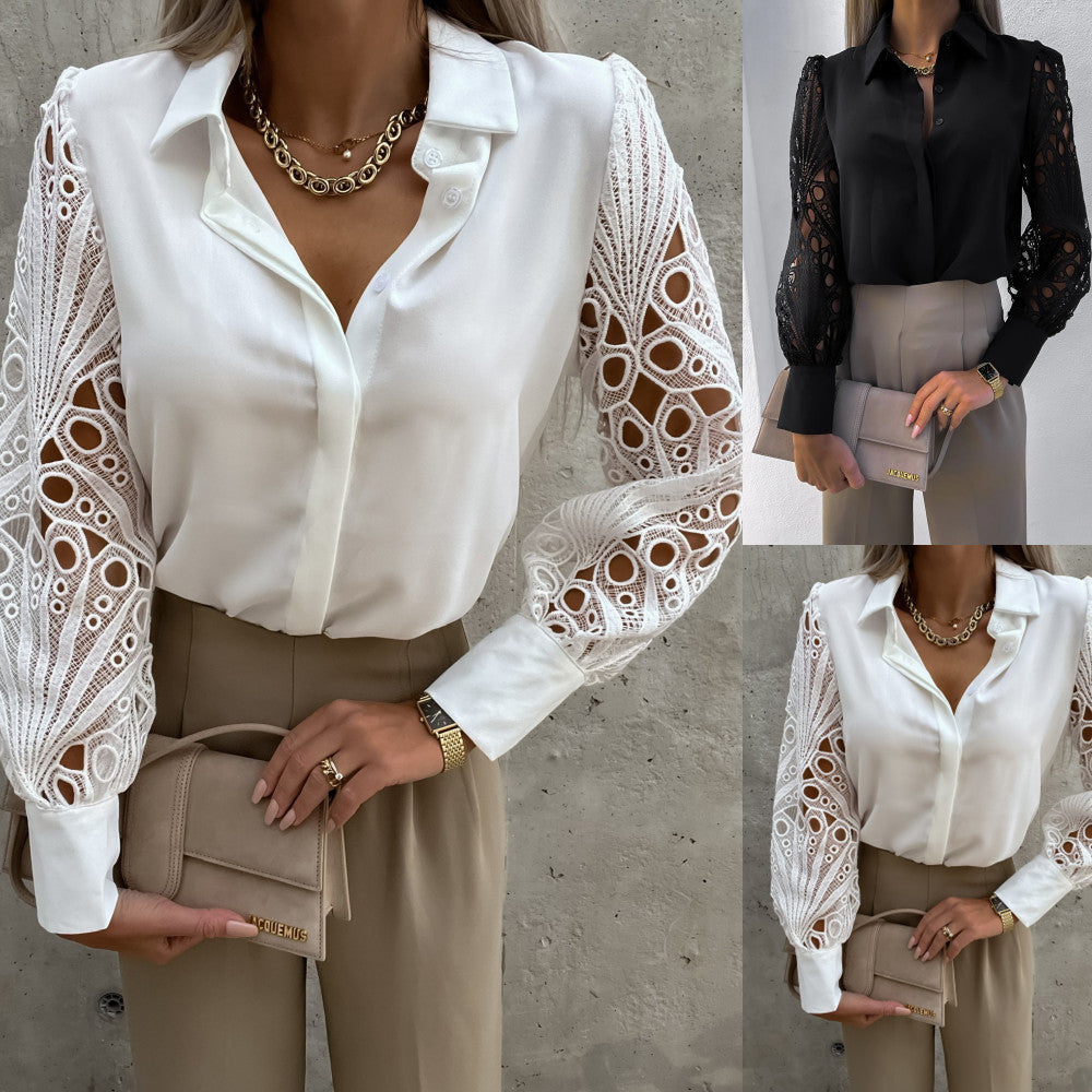 Solid Blouse with Cut-Out Lace Splicing Sleeves and Lapel Collar