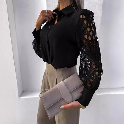 Solid Blouse with Cut-Out Lace Splicing Sleeves and Lapel Collar