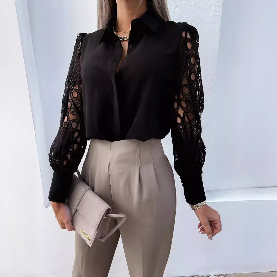 Solid Blouse with Cut-Out Lace Splicing Sleeves and Lapel Collar