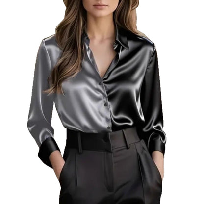 Two-Tone Satin Button-Down Shirt with Lapel Collar