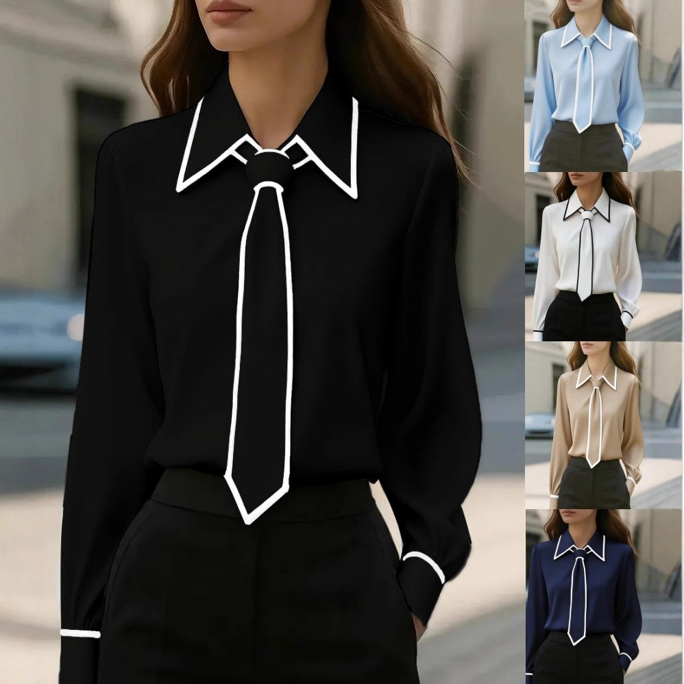 Solid Long Sleeve Blouse with Outlined Tie and Collar