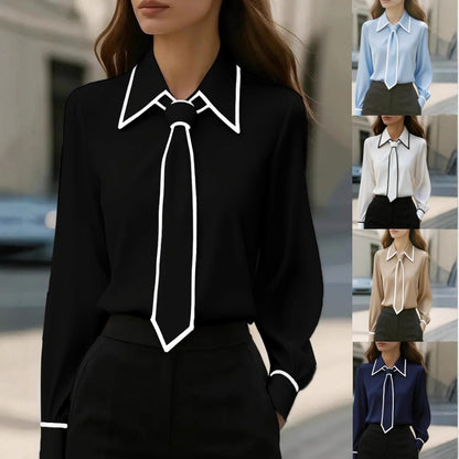 Solid Long Sleeve Blouse with Outlined Tie and Collar