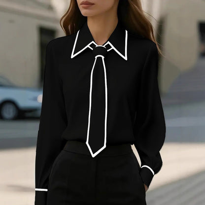 Solid Long Sleeve Blouse with Outlined Tie and Collar