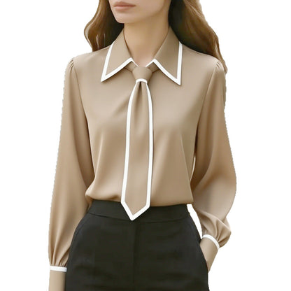 Solid Long Sleeve Blouse with Outlined Tie and Collar