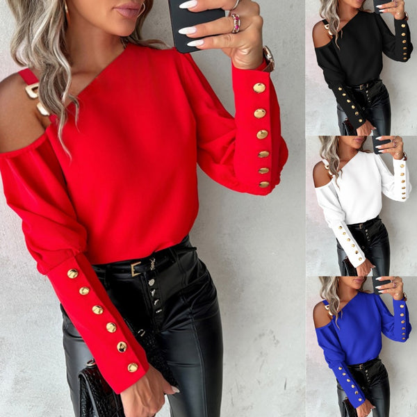 Solid Asymmetrical Blouse with Shoulder Buckle and Button Cuffs