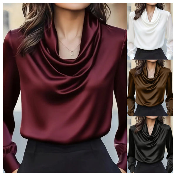 Solid Swing Collar Blouse with Long Sleeves and Satin Finish