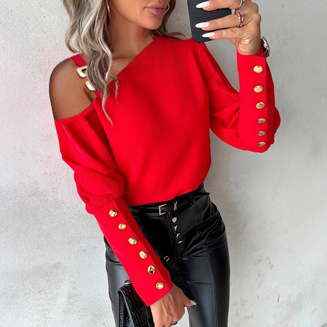 Solid Asymmetrical Blouse with Shoulder Buckle and Button Cuffs