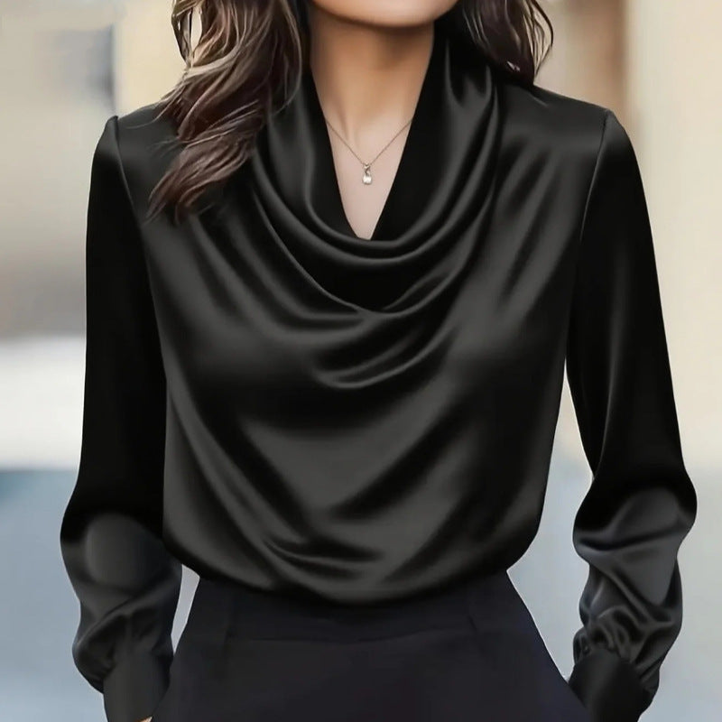 Solid Swing Collar Blouse with Long Sleeves and Satin Finish