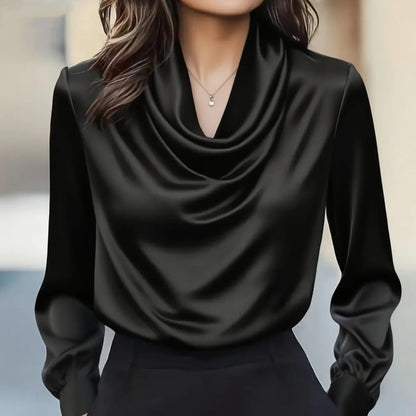 Solid Swing Collar Blouse with Long Sleeves and Satin Finish