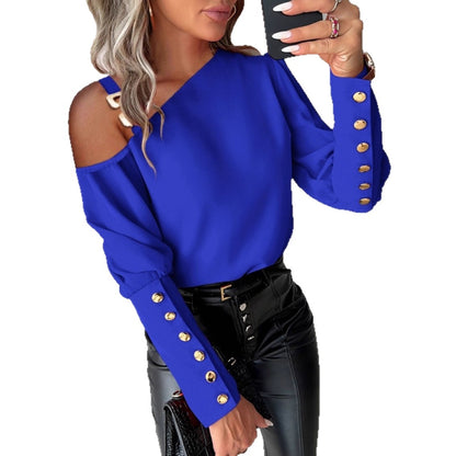Solid Asymmetrical Blouse with Shoulder Buckle and Button Cuffs