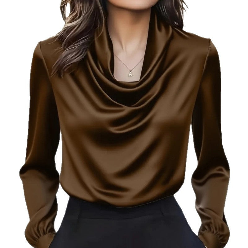 Solid Swing Collar Blouse with Long Sleeves and Satin Finish