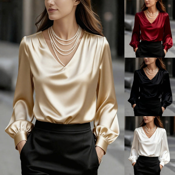 Solid Satin Blouse with V-Neck and Puff Sleeves