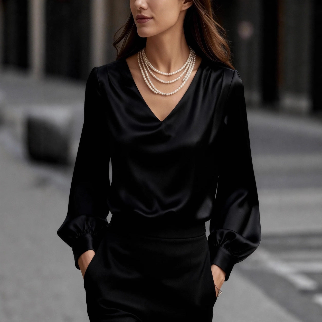 Solid Satin Blouse with V-Neck and Puff Sleeves
