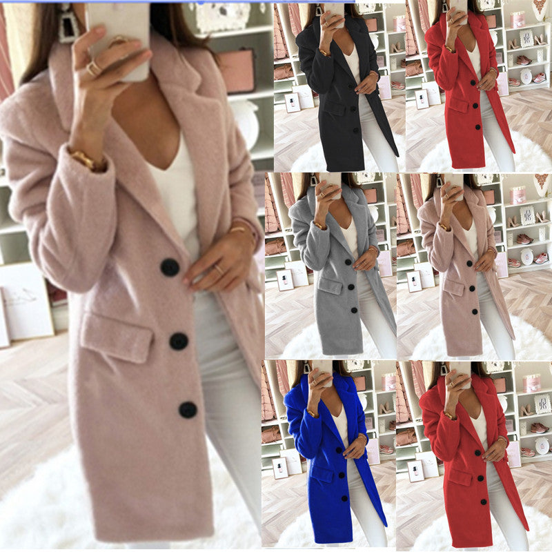 Solid Color Mid-Length Coat with Suit Collar