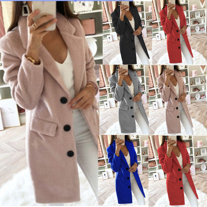 Solid Color Mid-Length Coat with Suit Collar
