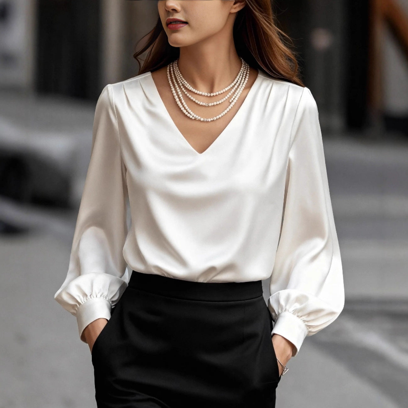 Solid Satin Blouse with V-Neck and Puff Sleeves