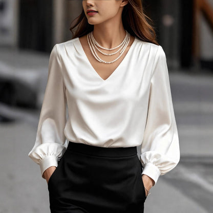 Solid Satin Blouse with V-Neck and Puff Sleeves
