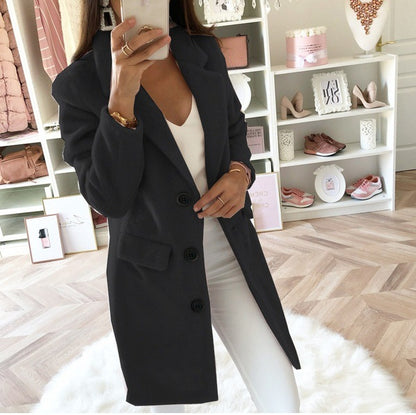 Solid Color Mid-Length Coat with Suit Collar