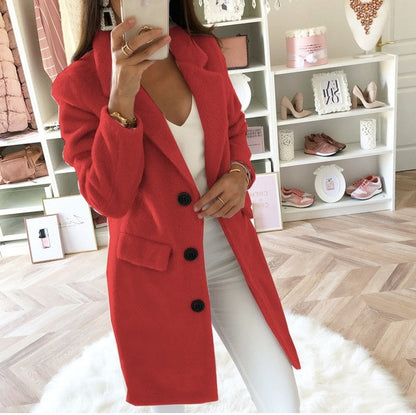 Solid Color Mid-Length Coat with Suit Collar