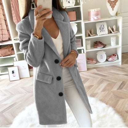 Solid Color Mid-Length Coat with Suit Collar