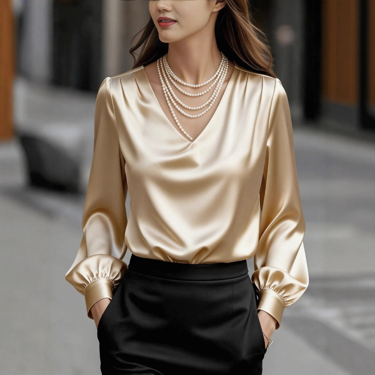 Solid Satin Blouse with V-Neck and Puff Sleeves