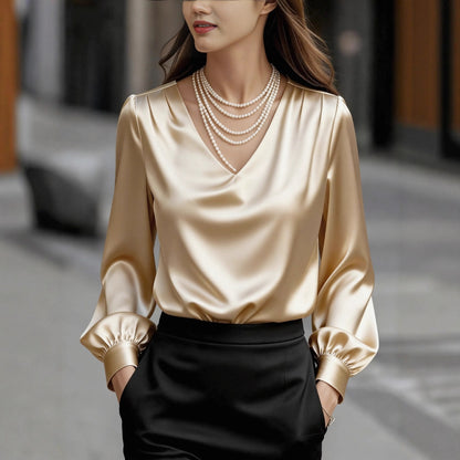 Solid Satin Blouse with V-Neck and Puff Sleeves