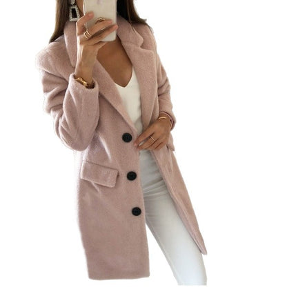 Solid Color Mid-Length Coat with Suit Collar