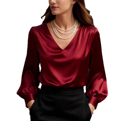 Solid Satin Blouse with V-Neck and Puff Sleeves