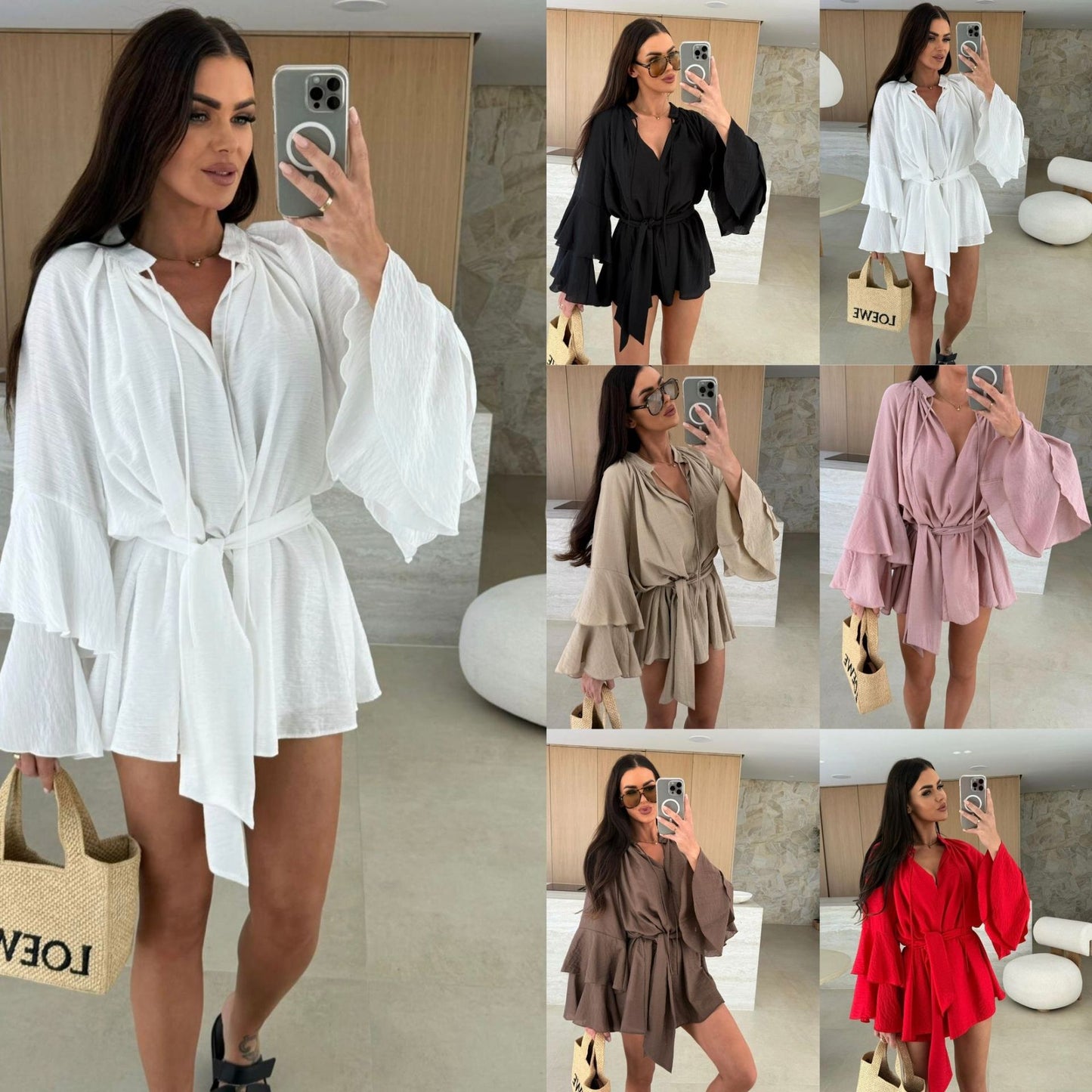 Loose Mini Dress with Tiered Bell Sleeves and Tie-Waist