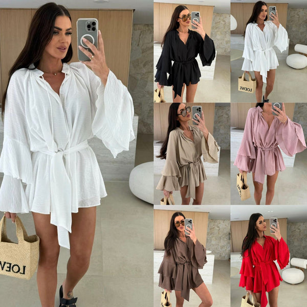 Loose Mini Dress with Tiered Bell Sleeves and Tie-Waist