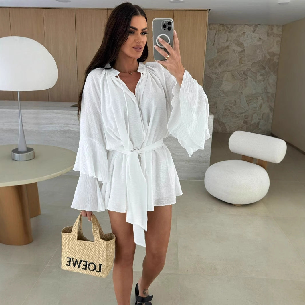 Loose Mini Dress with Tiered Bell Sleeves and Tie-Waist