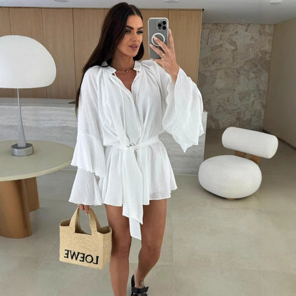 Loose Mini Dress with Tiered Bell Sleeves and Tie-Waist