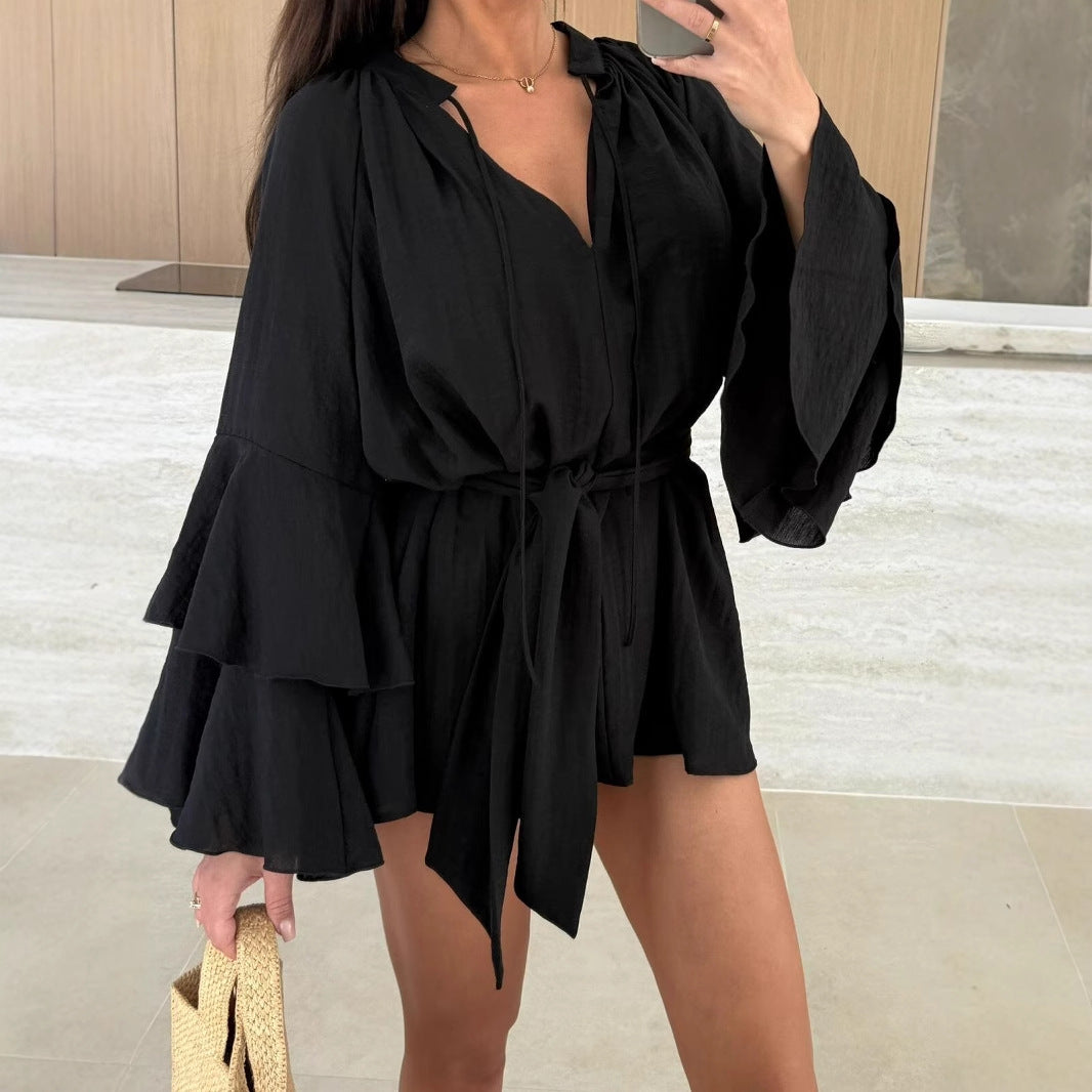 Loose Mini Dress with Tiered Bell Sleeves and Tie-Waist