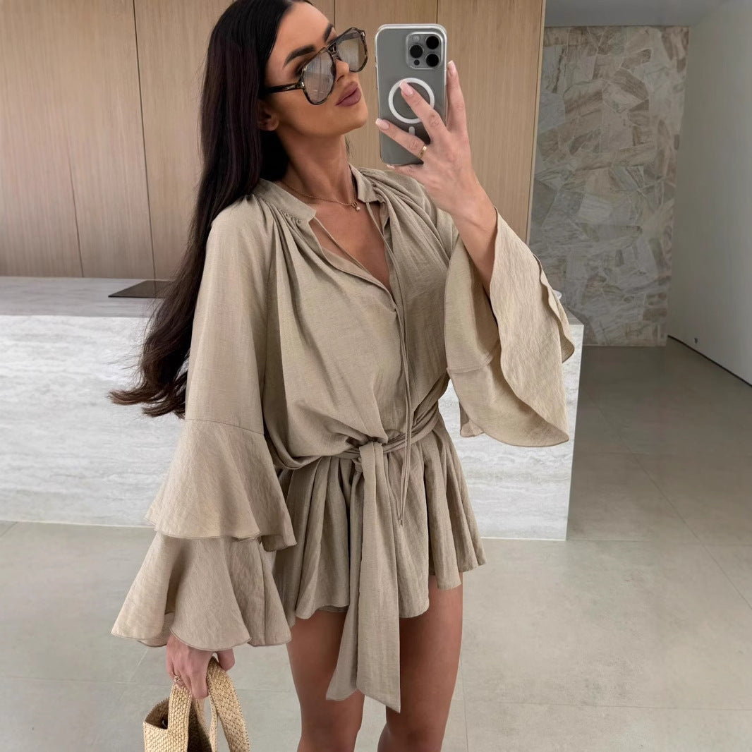 Loose Mini Dress with Tiered Bell Sleeves and Tie-Waist