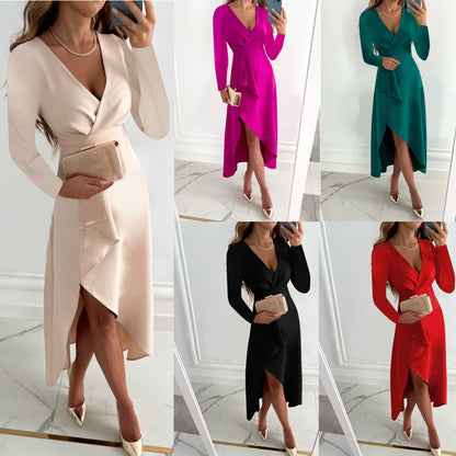 Solid Long Sleeve Wrap Dress with V-Neck and Asymmetrical Hem