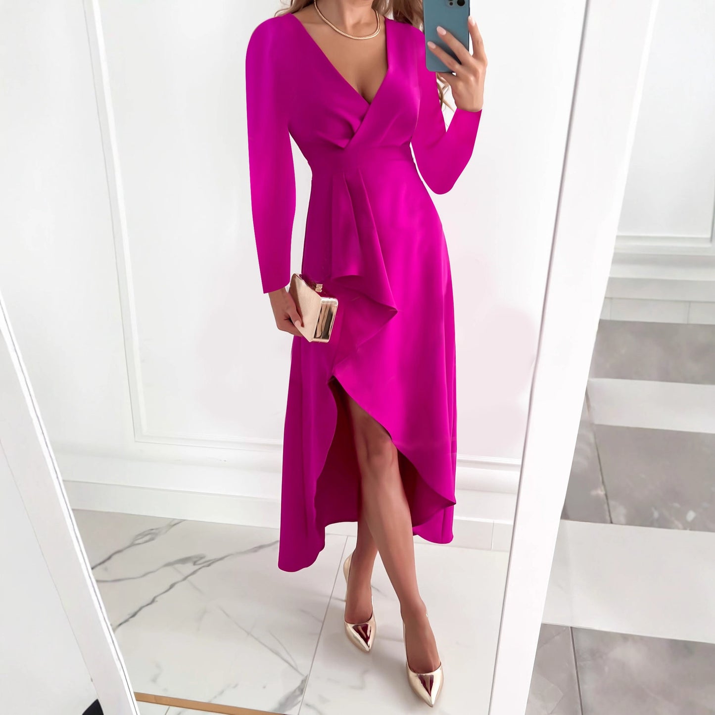 Solid Long Sleeve Wrap Dress with V-Neck and Asymmetrical Hem