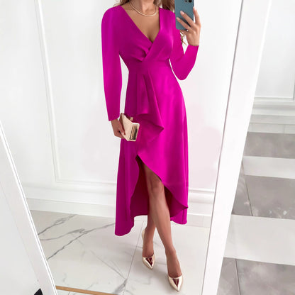 Solid Long Sleeve Wrap Dress with V-Neck and Asymmetrical Hem