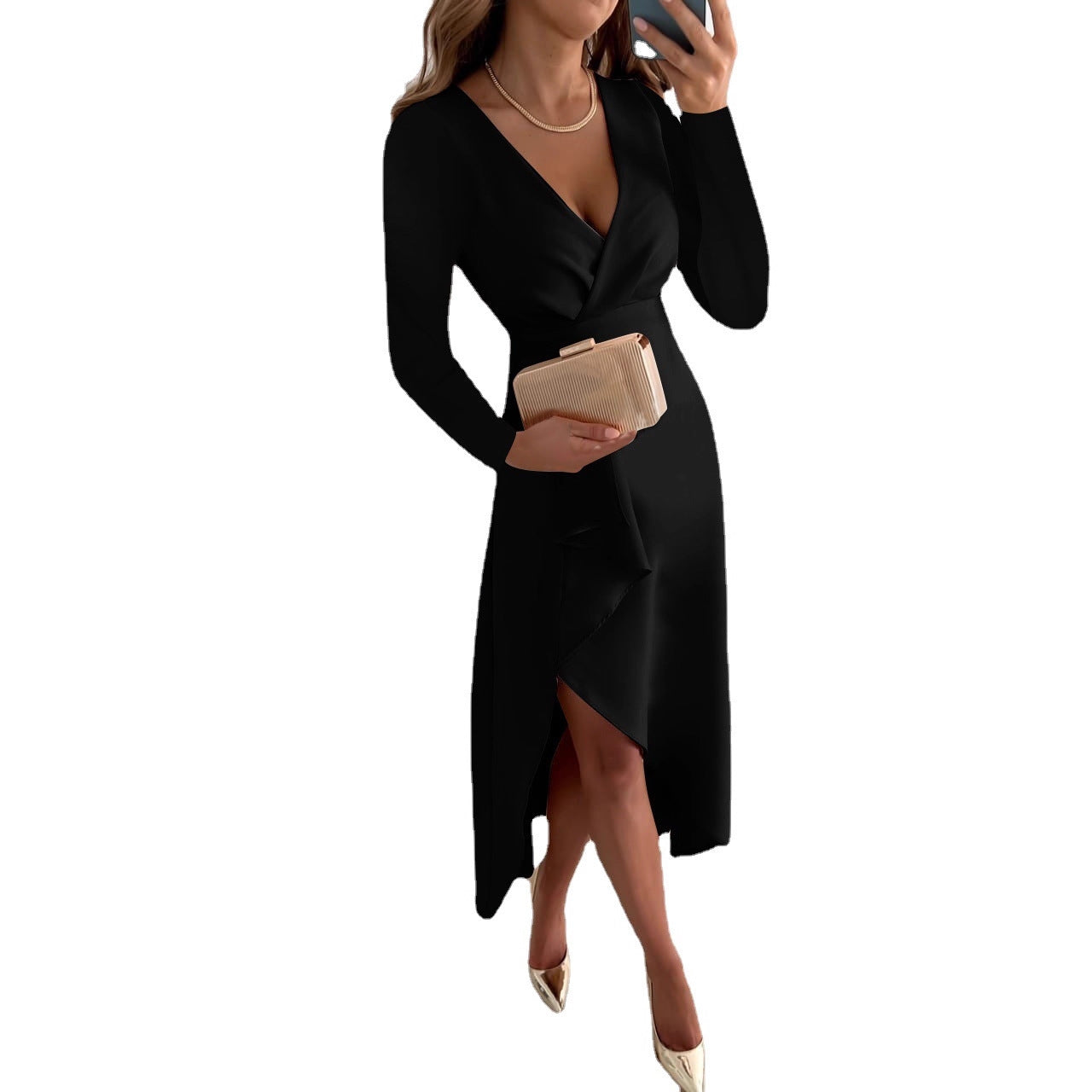 Solid Long Sleeve Wrap Dress with V-Neck and Asymmetrical Hem