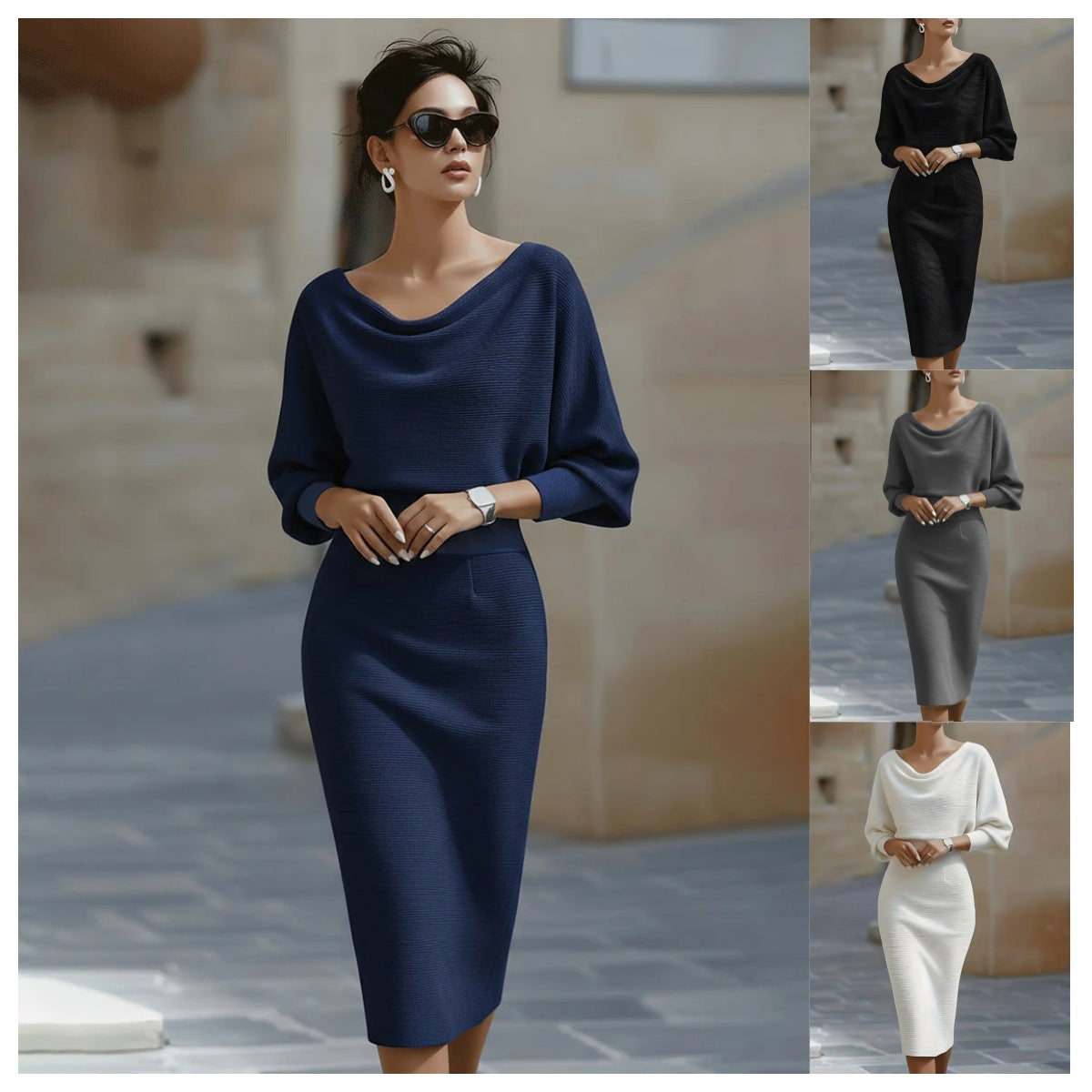 Ribbed Knit Sheath Dress with Cowl Neck and Dolman Sleeves