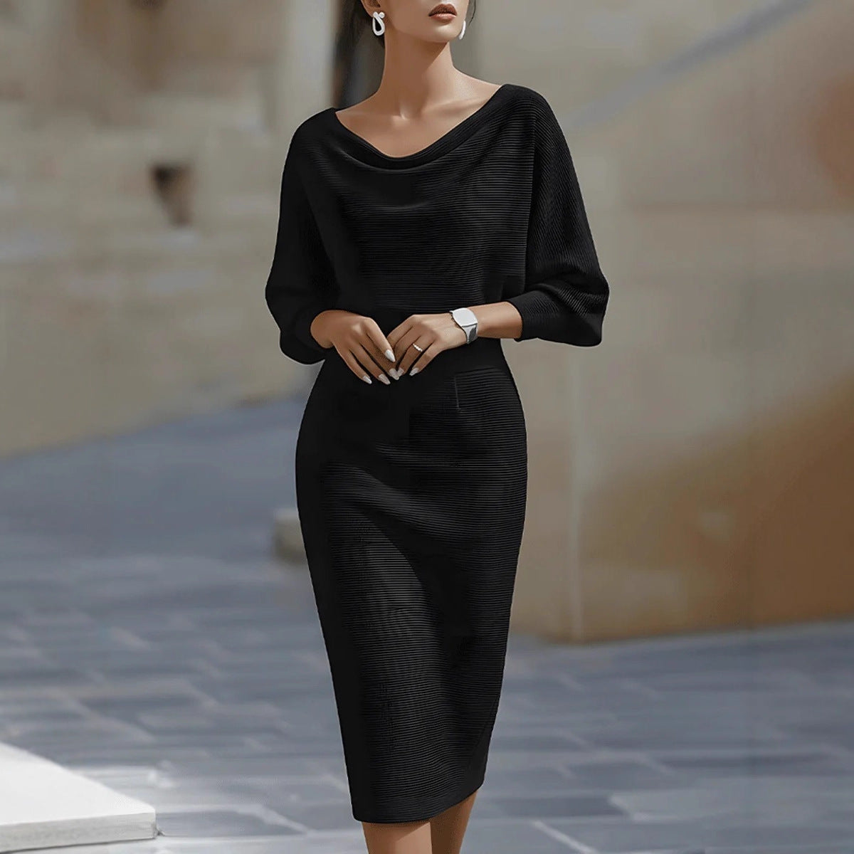 Ribbed Knit Sheath Dress with Cowl Neck and Dolman Sleeves