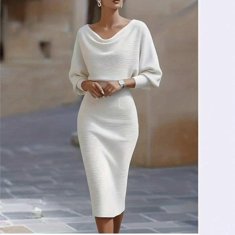 Ribbed Knit Sheath Dress with Cowl Neck and Dolman Sleeves