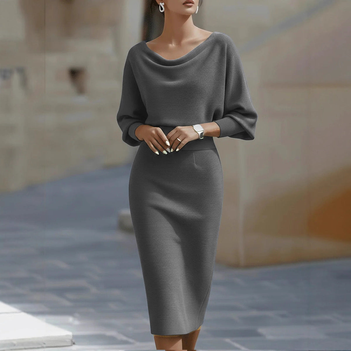 Ribbed Knit Sheath Dress with Cowl Neck and Dolman Sleeves