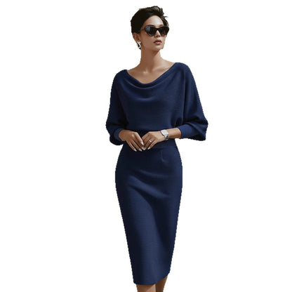 Ribbed Knit Sheath Dress with Cowl Neck and Dolman Sleeves