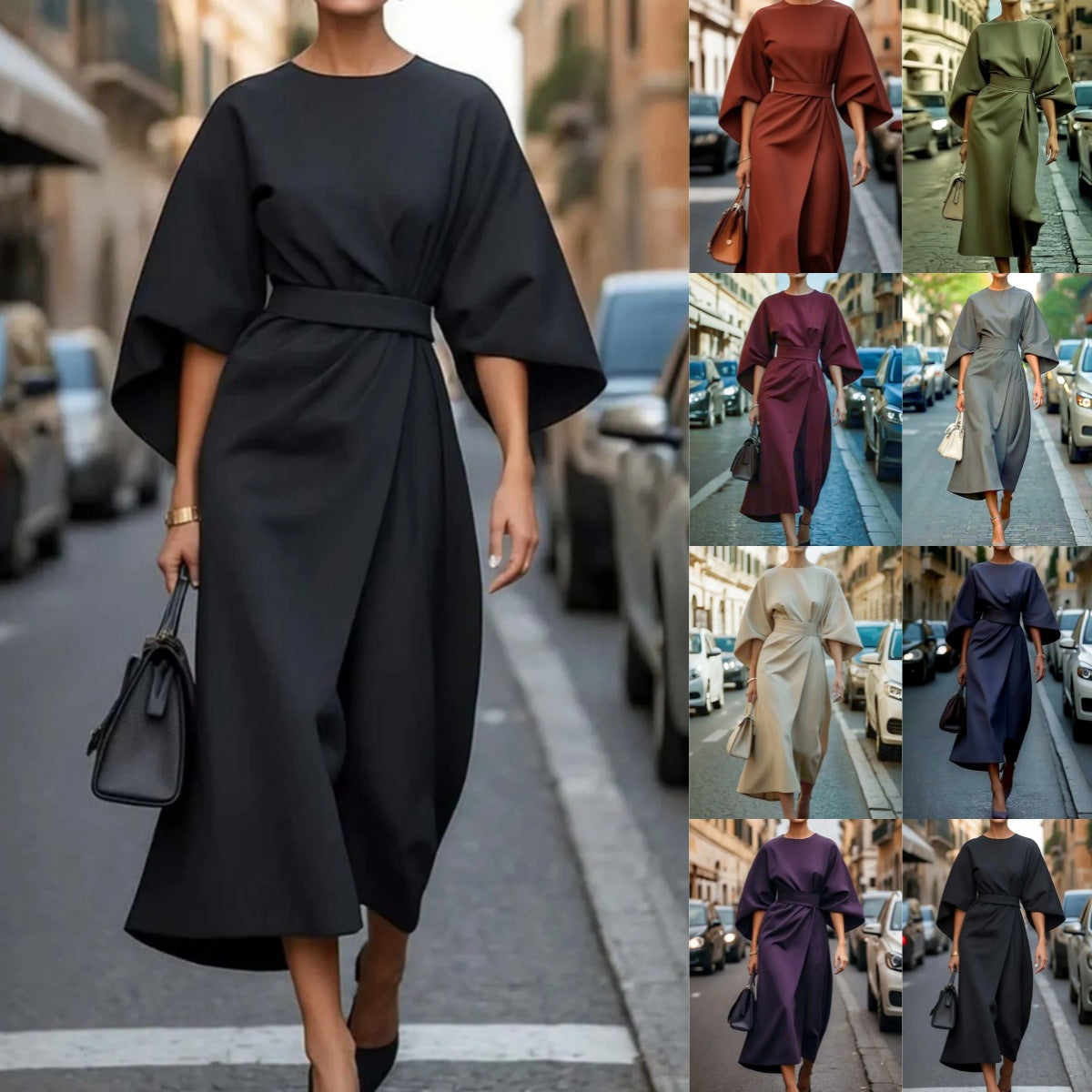 Midi Faux Wrap Dress with Dolman Sleeves