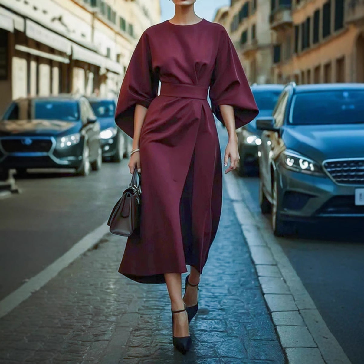 Midi Faux Wrap Dress with Dolman Sleeves