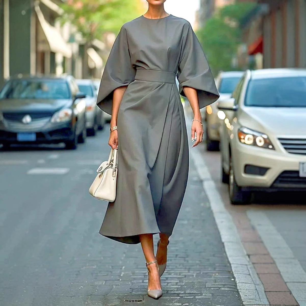 Midi Faux Wrap Dress with Dolman Sleeves