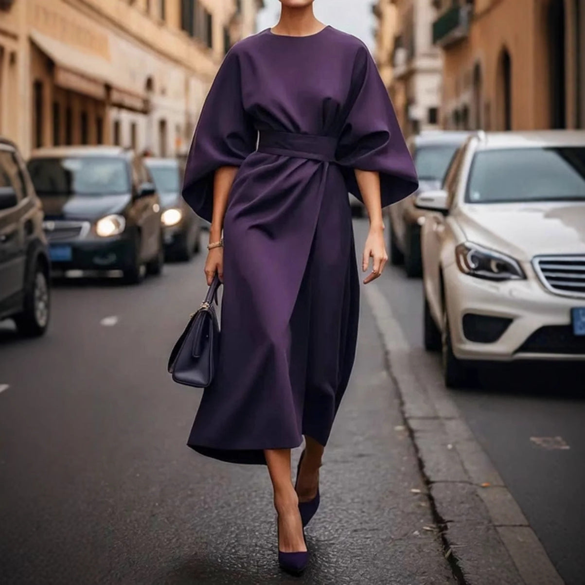 Midi Faux Wrap Dress with Dolman Sleeves