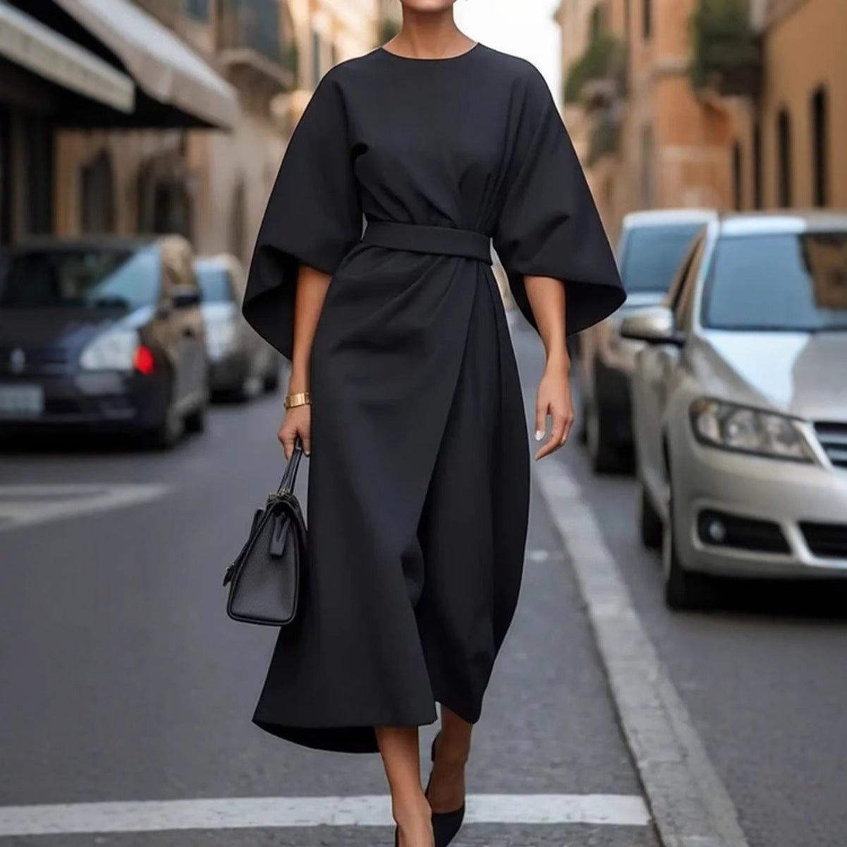 Midi Faux Wrap Dress with Dolman Sleeves