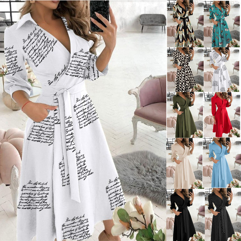 Printed Wrap Midi Dress with Shirt Collar and 3/4 Sleeves