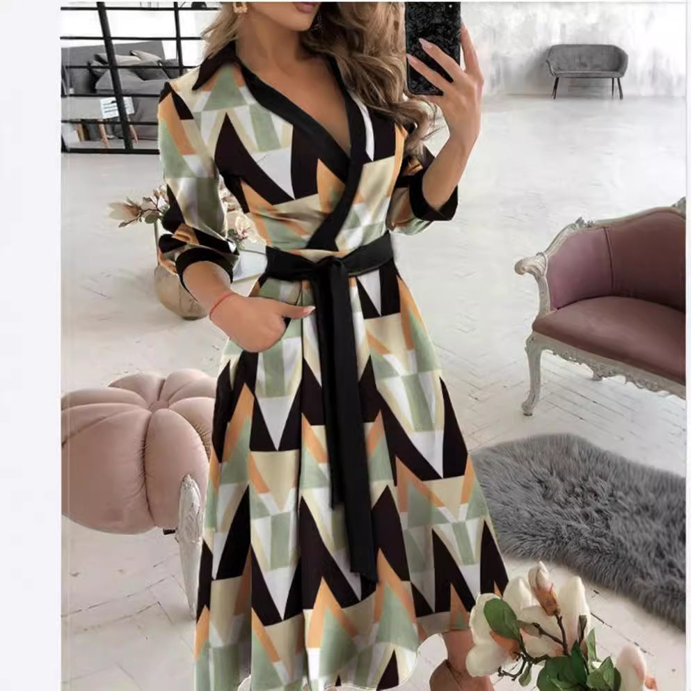 Printed Wrap Midi Dress with Shirt Collar and 3/4 Sleeves
